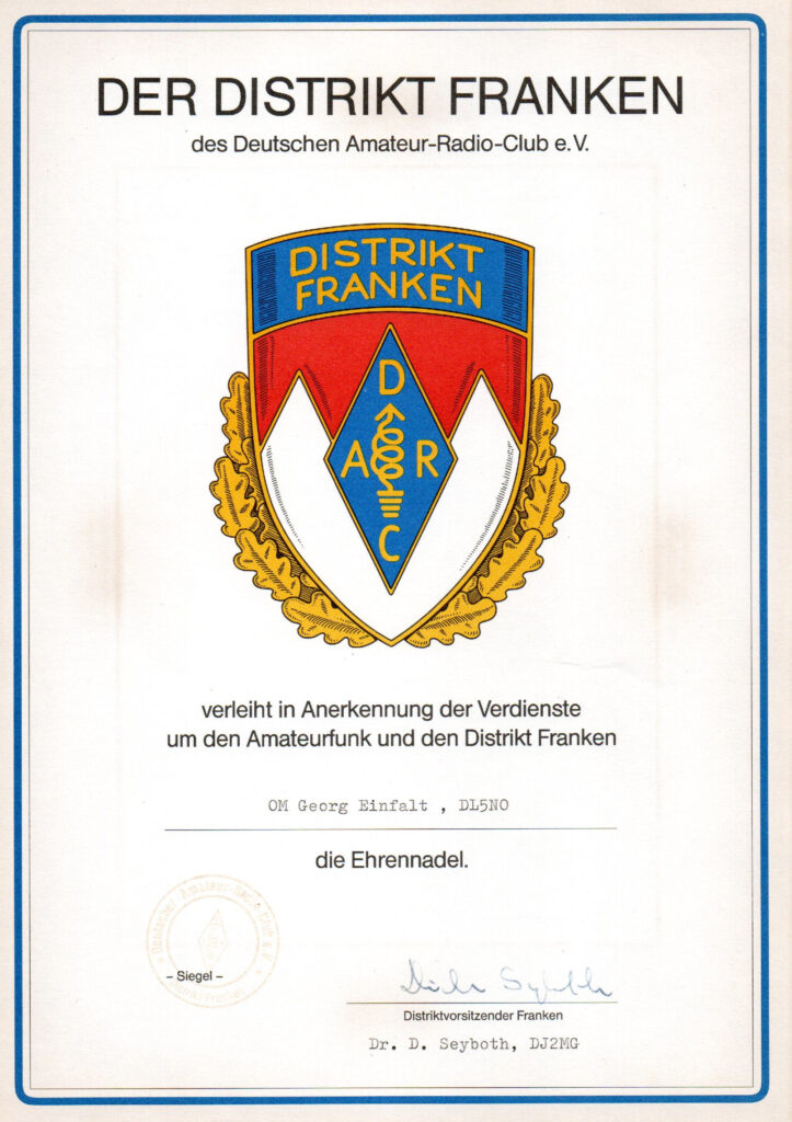 Certificate of award of the DARC District Franconia Badge of Honor